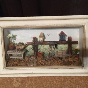 VINTAGE GARDEN SHADOW BOX DIORAMA – MINIATURE SPRING SCENE IN DISTRESSED FRAME
